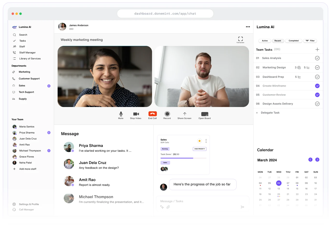 The Managed OS dashboard showing a video meeting, team tasks, messages and a calendar